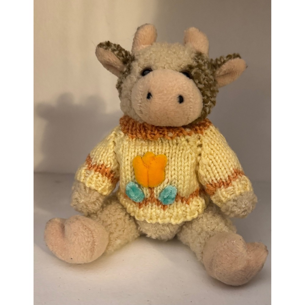 Vintage 1999 Hugfun International Cow Plush Yellow Tulip Knit Sweater 90s Toy G7